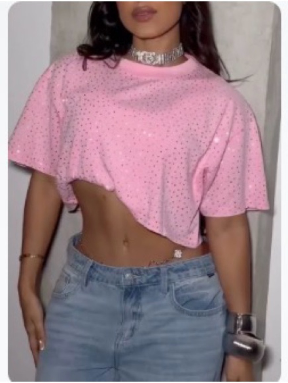Pink Crop Tee with Rhinestone Detail - Women's Top - Picture 1 of 1